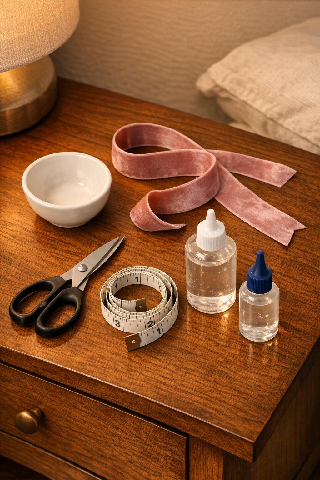 Materials for a ribbon and ceramic bowl jewelry catch laid out on a nightstand