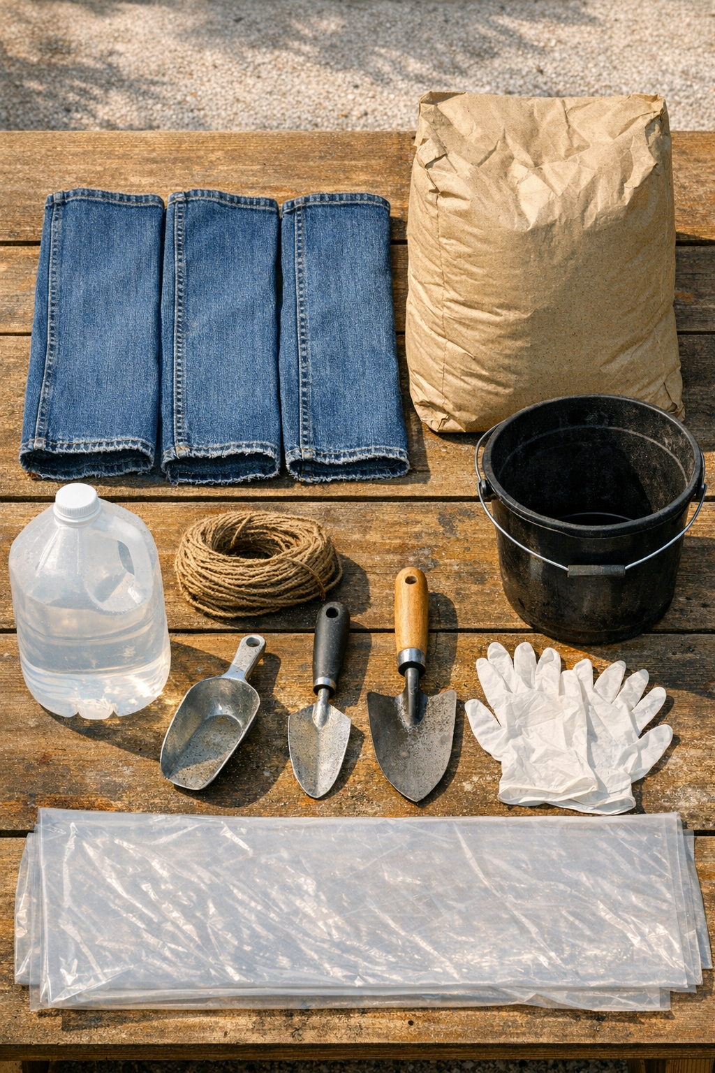Materials for denim and cement garden border project laid out together