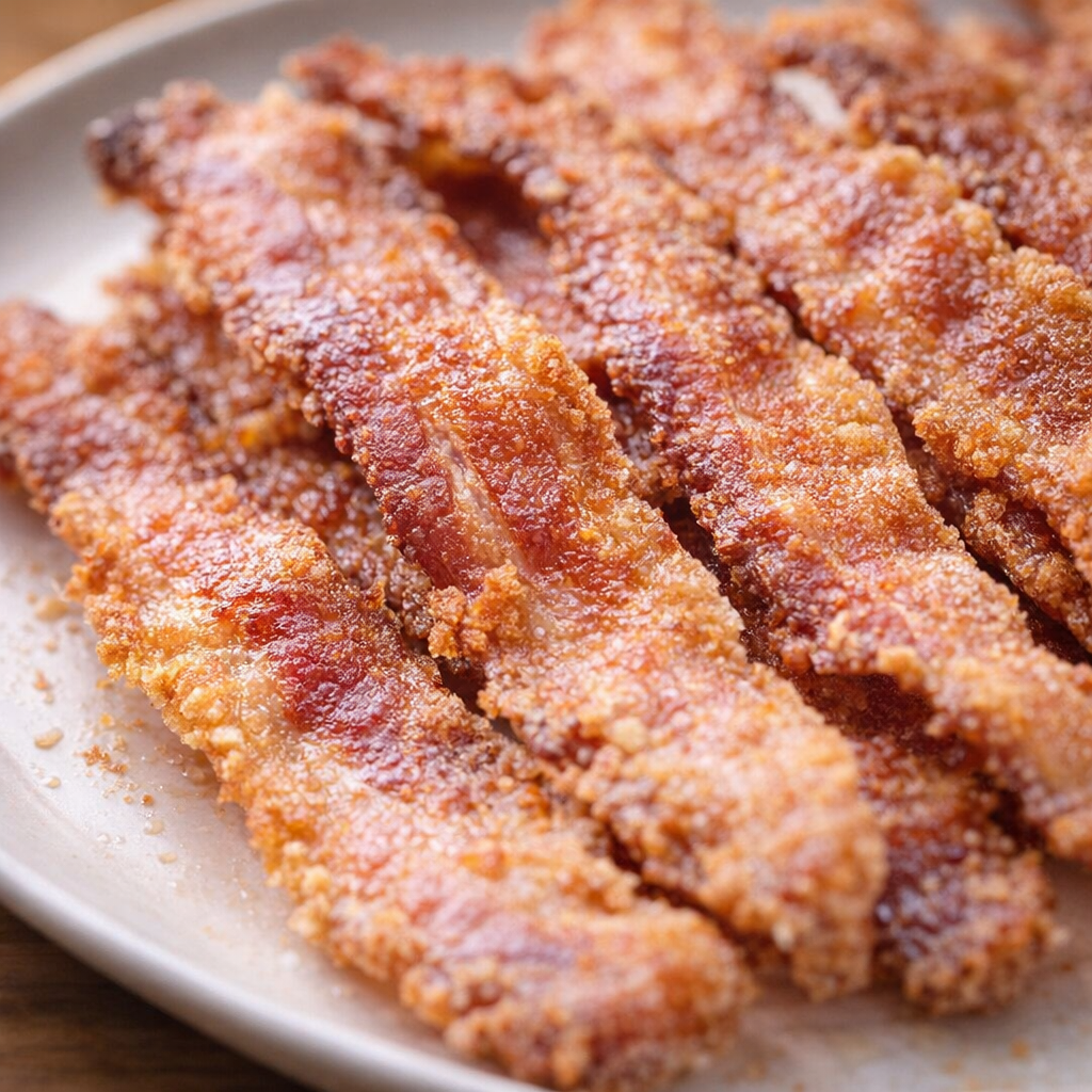 Close view of extra-crispy floured bacon edges