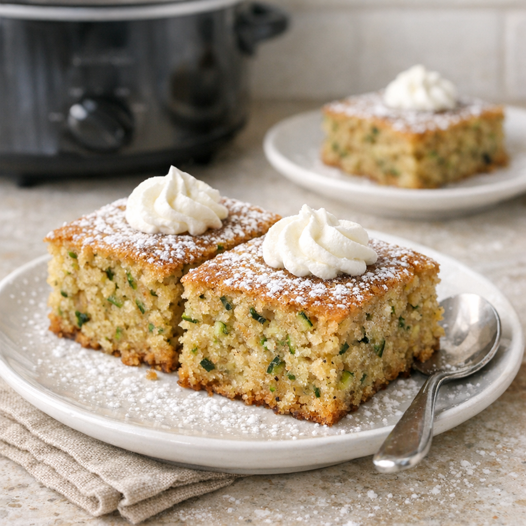 Finished slow cooker zucchini cake on a plate