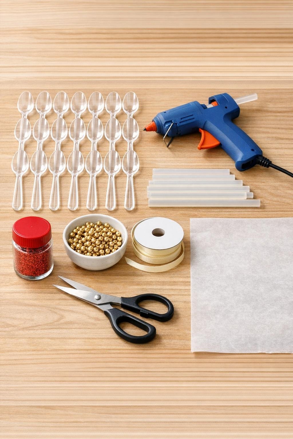 Clear plastic spoons, hot glue gun, glue sticks, red glitter, gold beads, ribbon, and scissors laid out for the project
