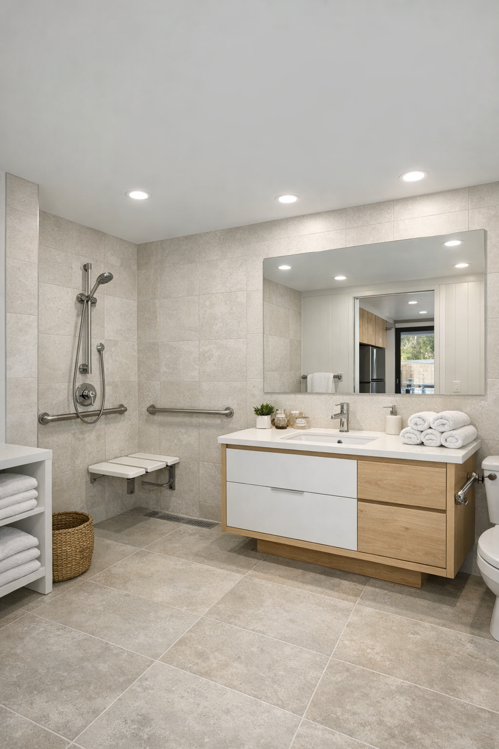 Bright bathroom with curbless shower, pale tile, and light wood vanity