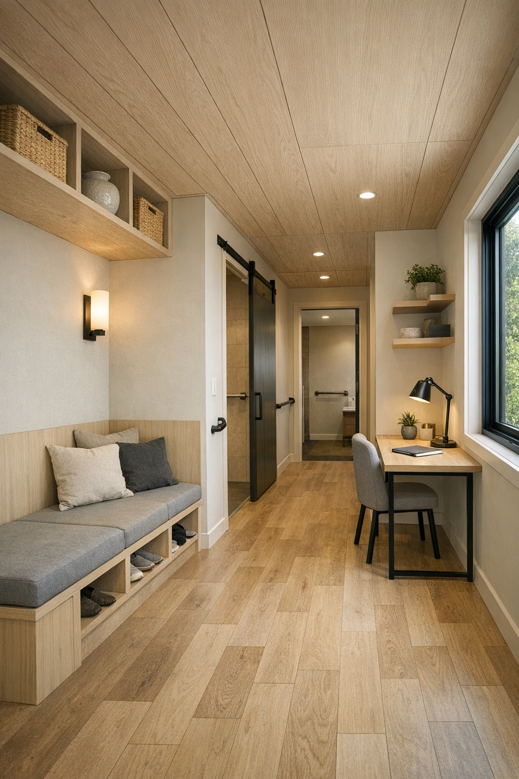 Hallway and flex nook with built-in bench, pale wood, and soft lighting