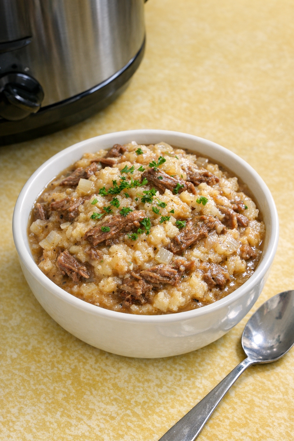 Finished slow cooker beef cheek and potato hash in a rustic bowl