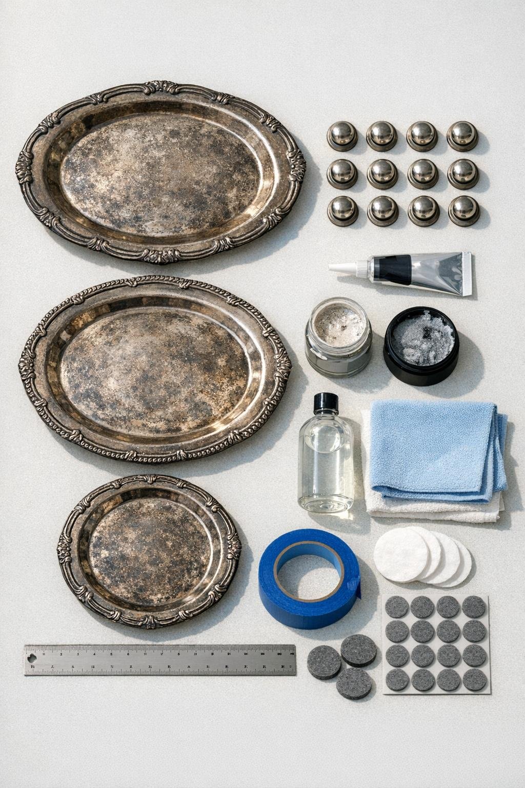 Thrifted silver platters, feet, adhesive, and cleaning supplies laid out together