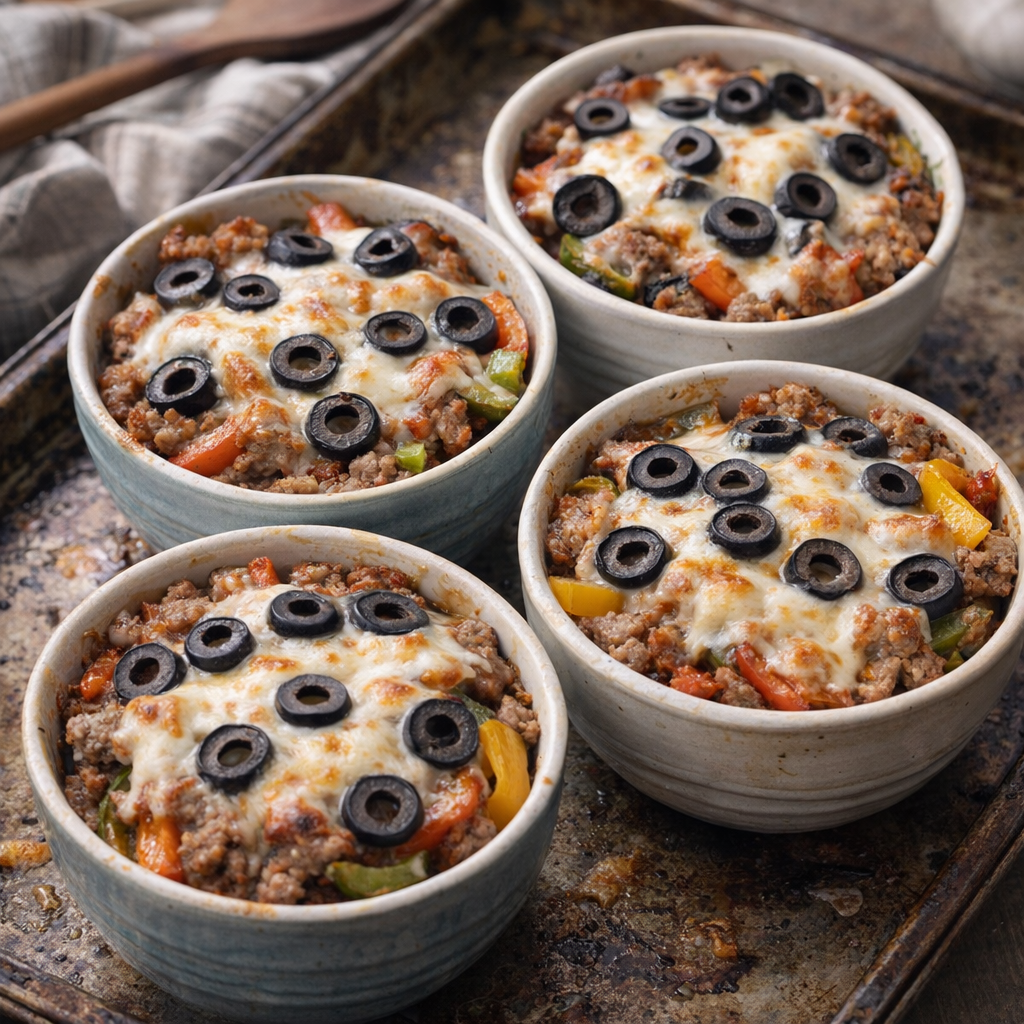 Unbaked pizza bowls topped with cheese and olives
