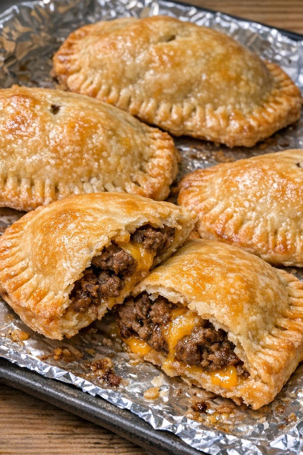 Oven baked beef hand pies on a foil-lined baking sheet