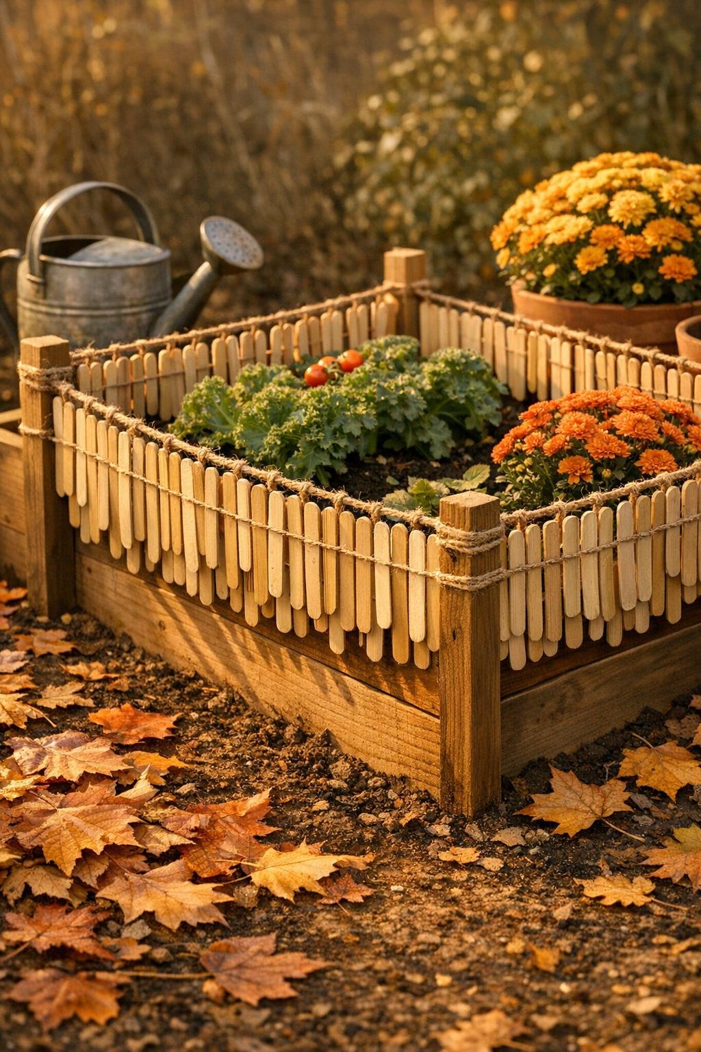 Finished raised bed critter deterrent made from soaked popsicle sticks