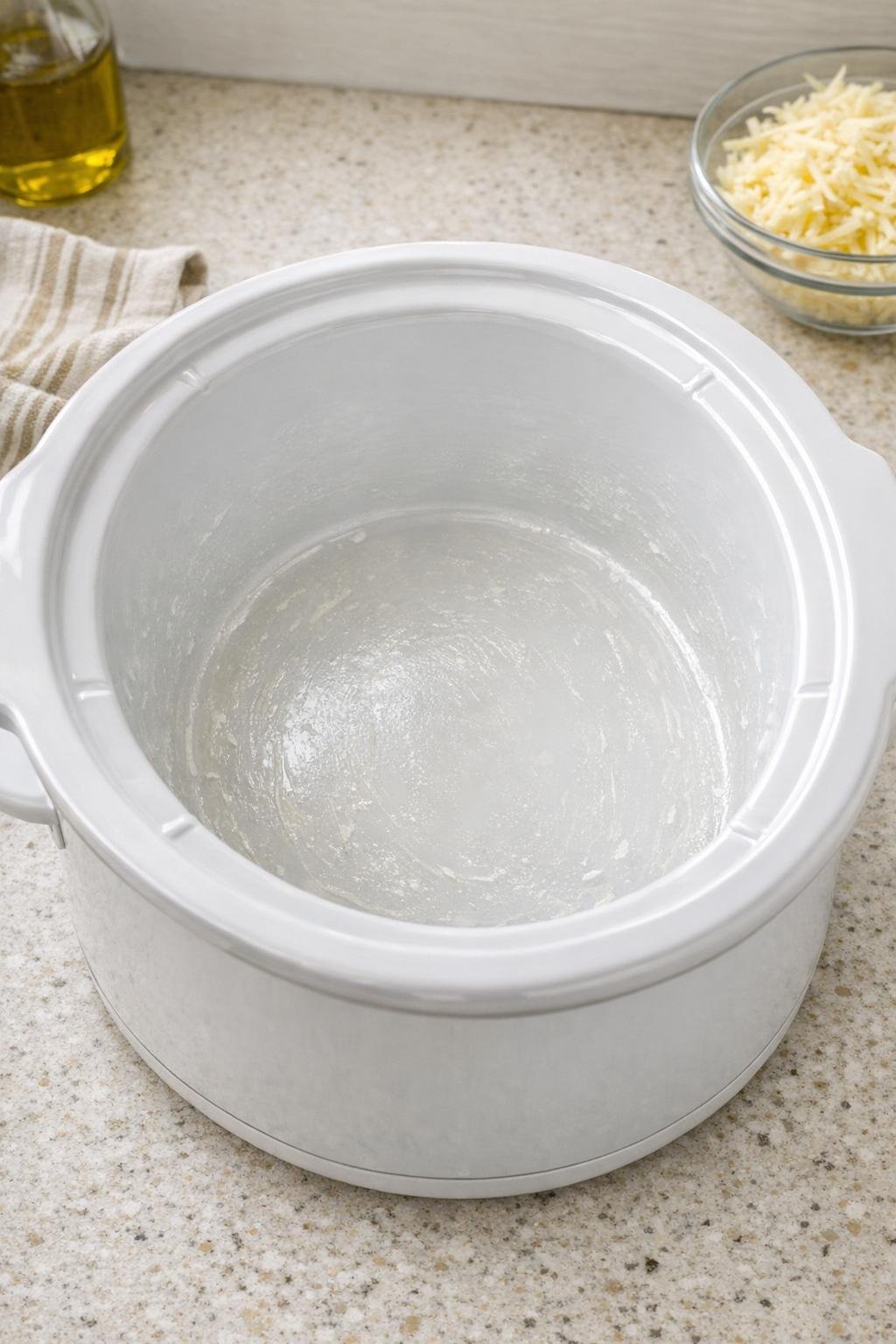 Ingevette witte binnenpan van de slowcooker op het aanrecht.