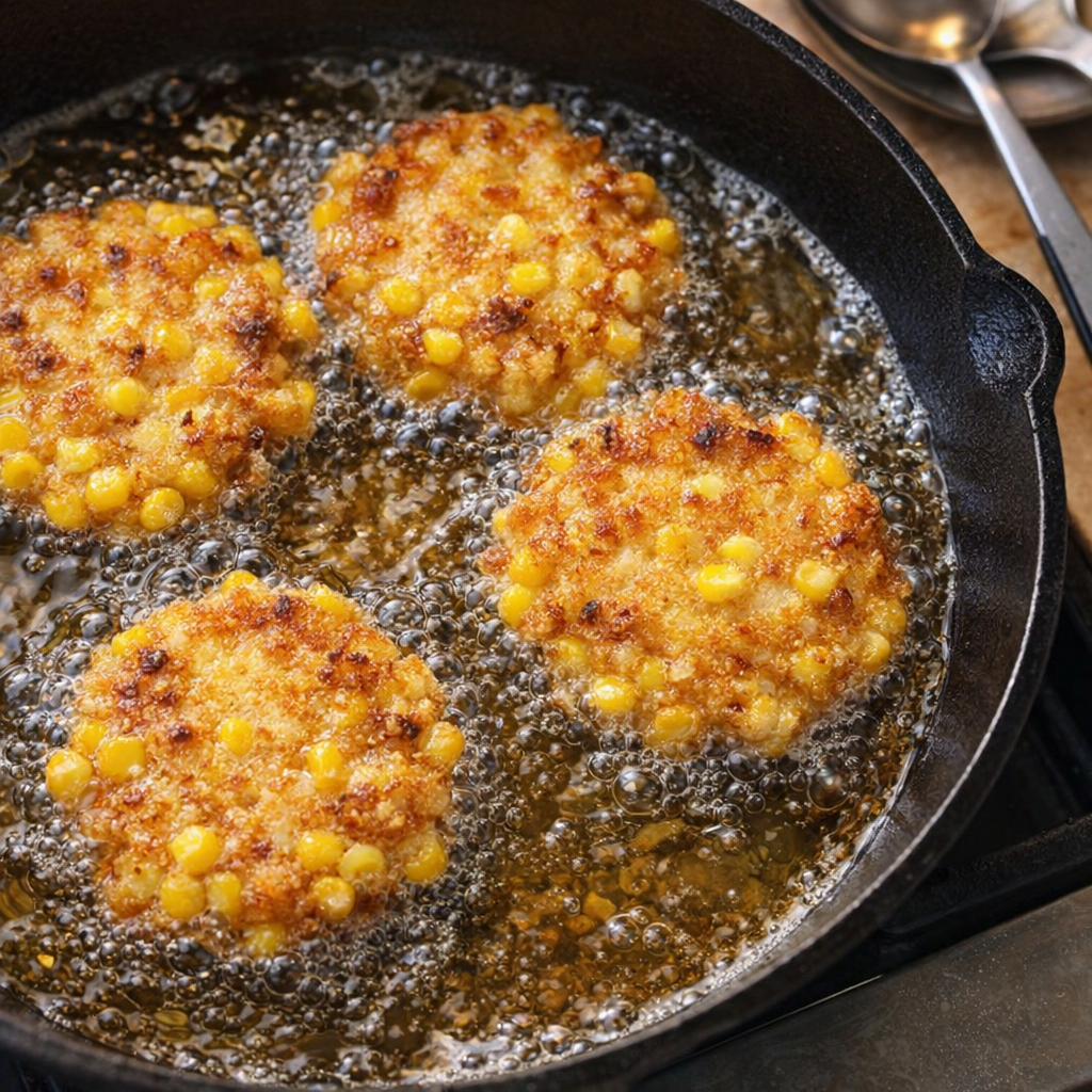 Corn fritters frying in a skillet
