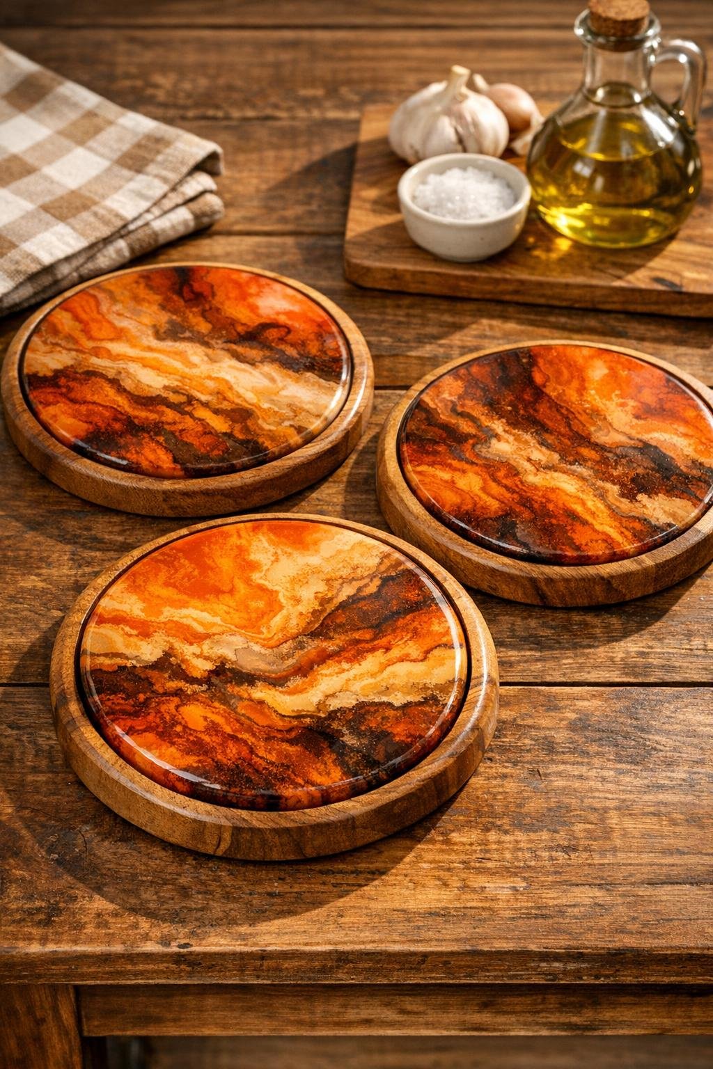 Finished set of three harvest sunset trivets in warm orange and brown tones