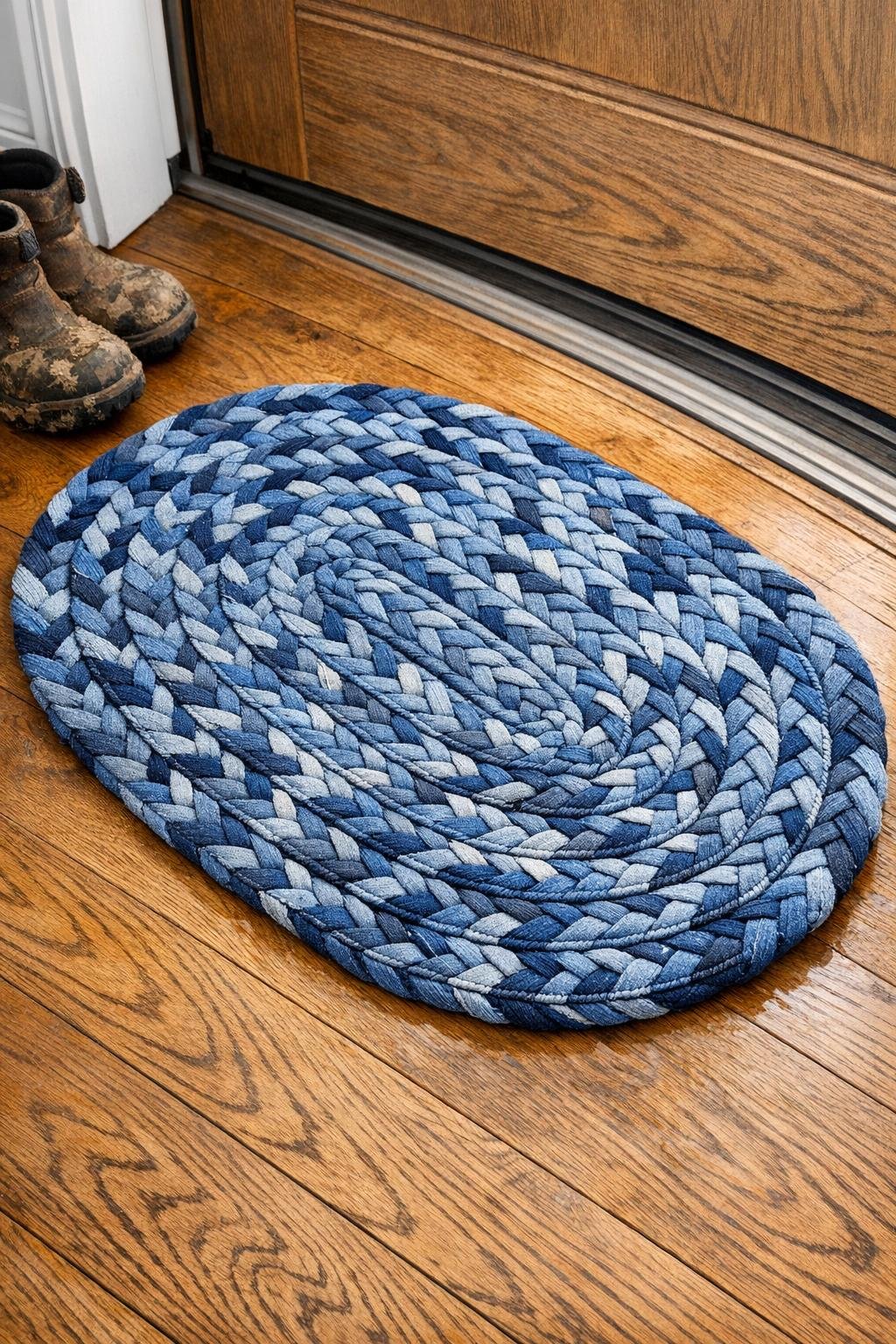 Finished braided denim boot mat in an oval shape