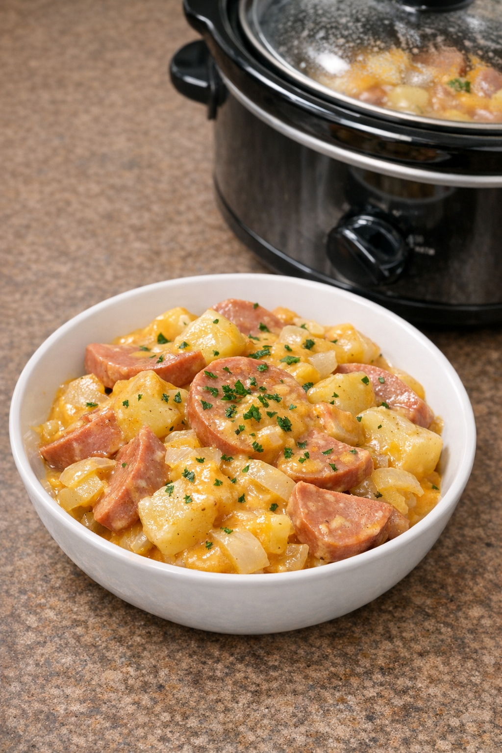 Finished bowl of cheesy bologna hash with potatoes and onions