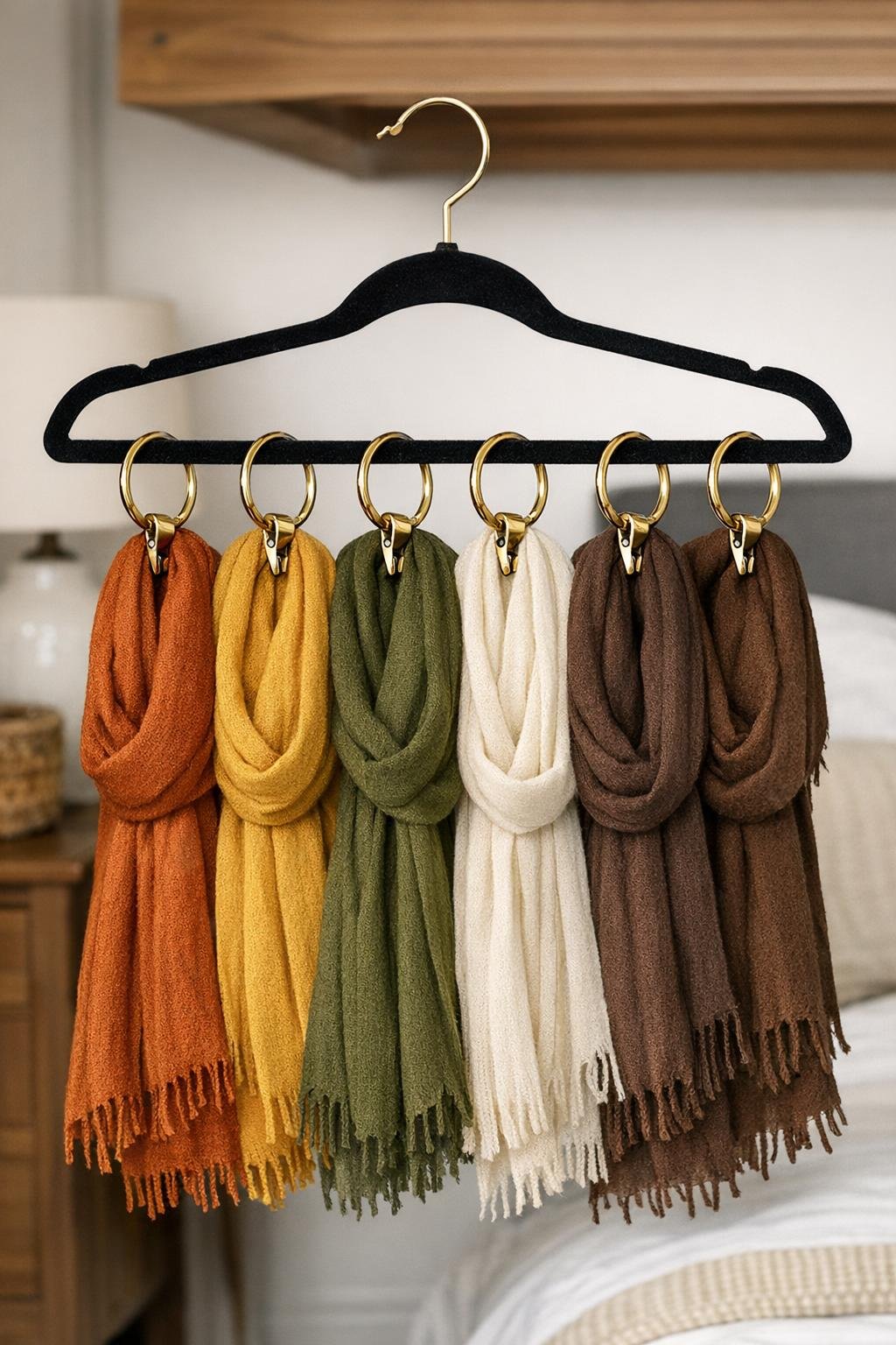 Finished velvet hanger scarf organizer with autumn-toned scarves