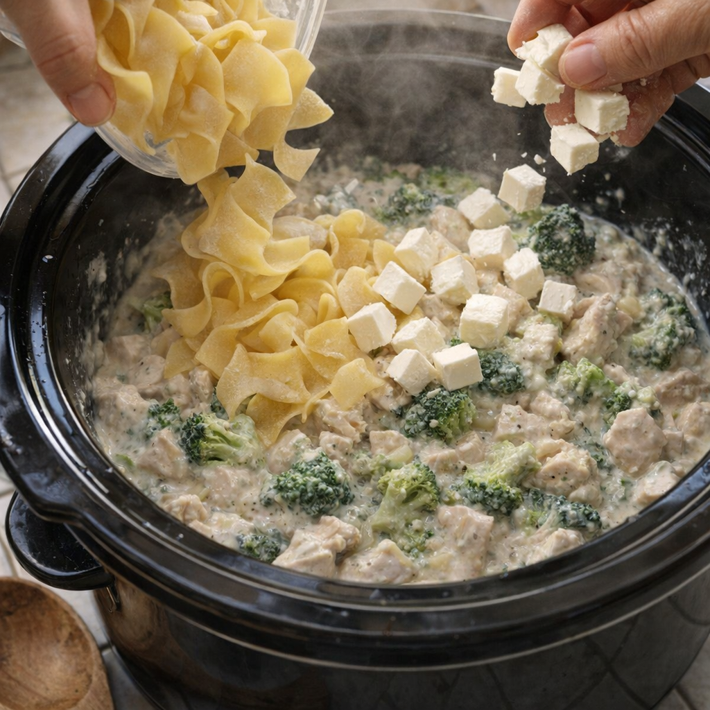 Cream cheese and noodles being added to the slow cooker