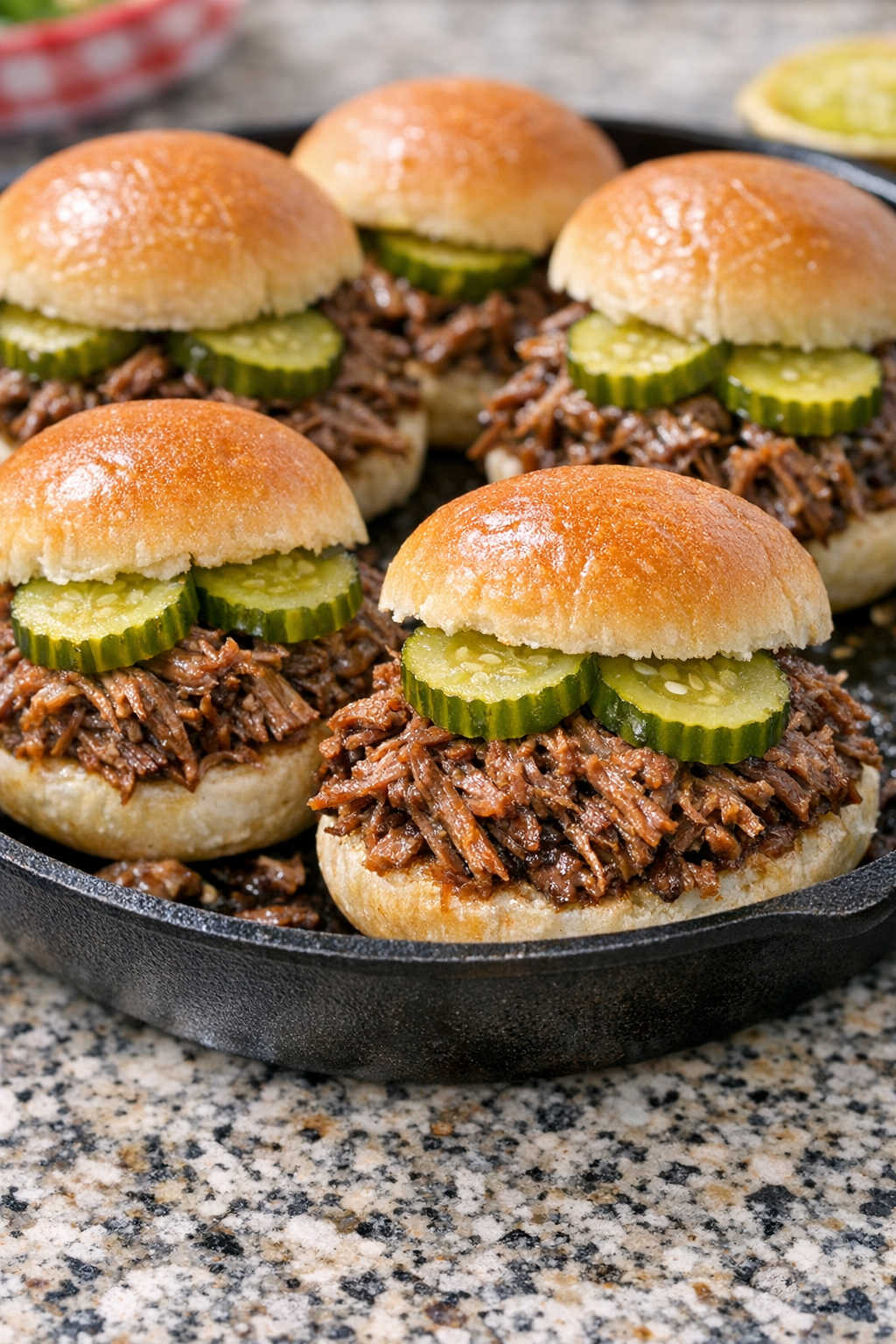 Brisket sliders topped with dill pickles