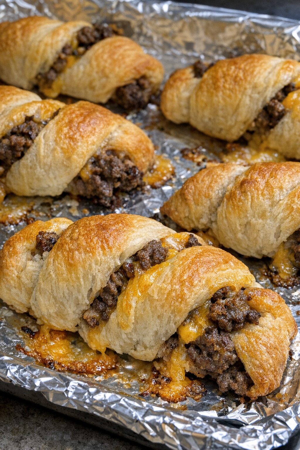 Oven baked beef crescent twists on a foil-lined baking sheet