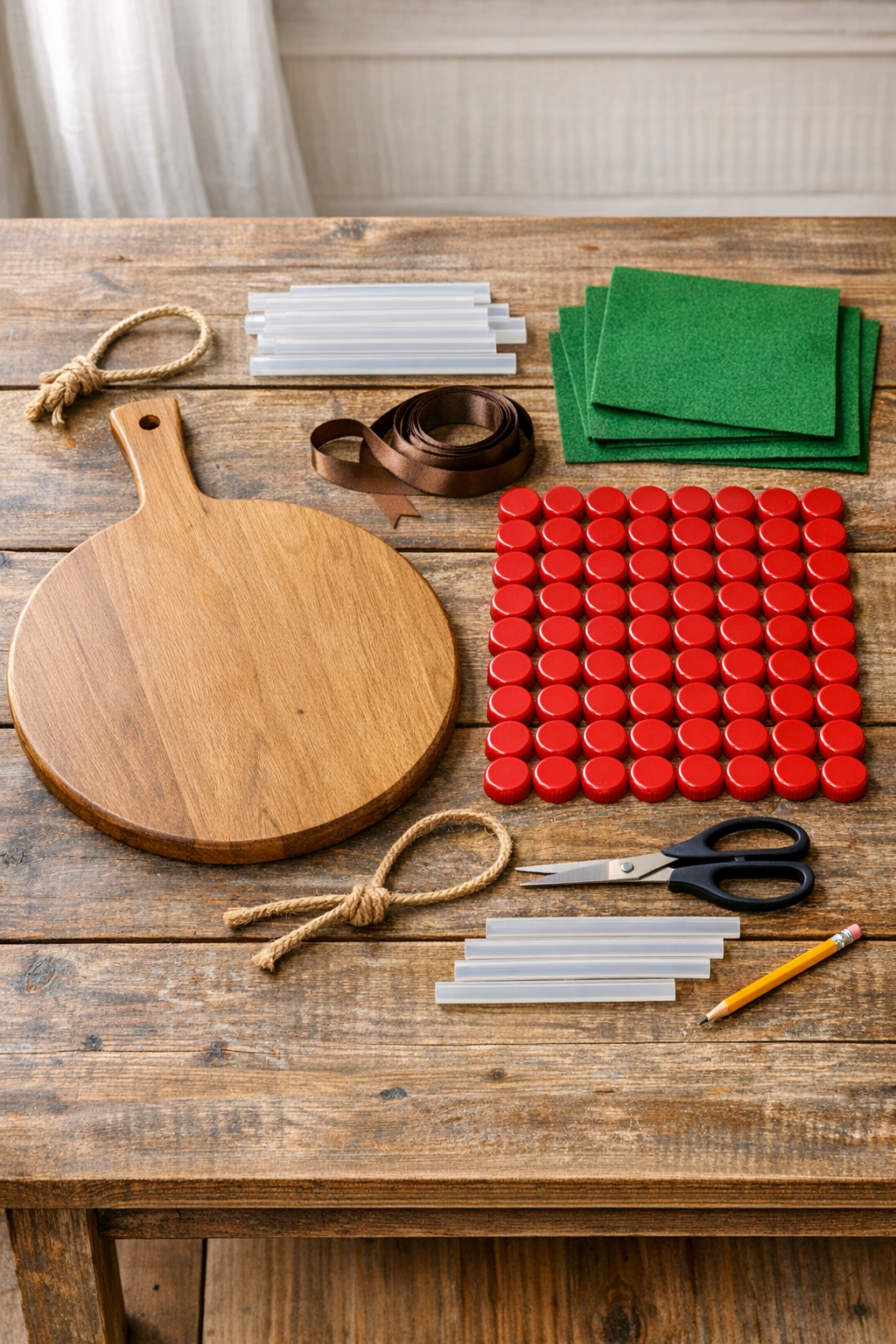 Materials for the apple door hanger laid out on a table