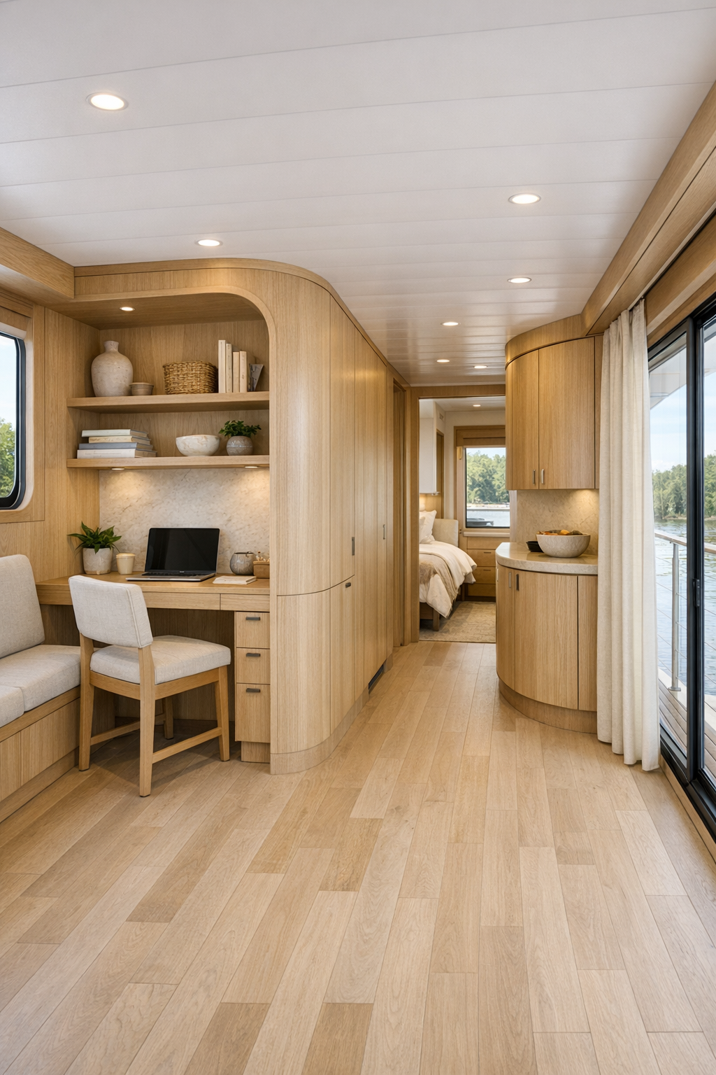 Thoughtfully designed secondary area with a built-in desk, clear circulation, and tailored storage