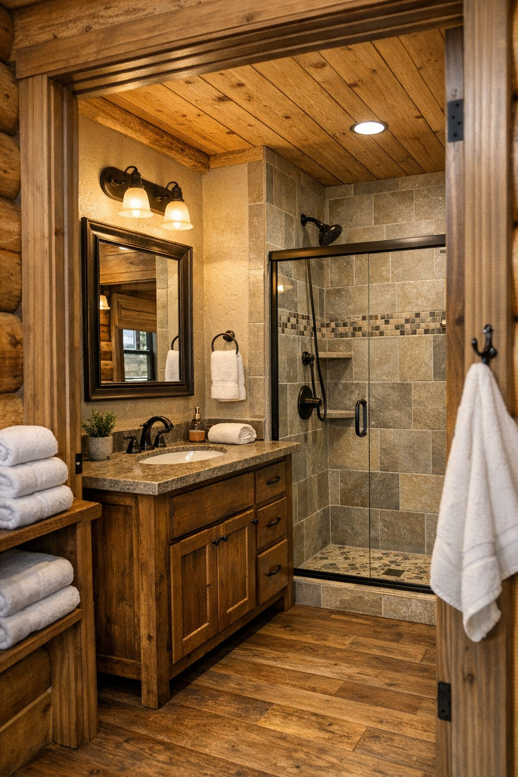Compact rustic bathroom with a wood vanity, bronze fixtures, and a tiled shower