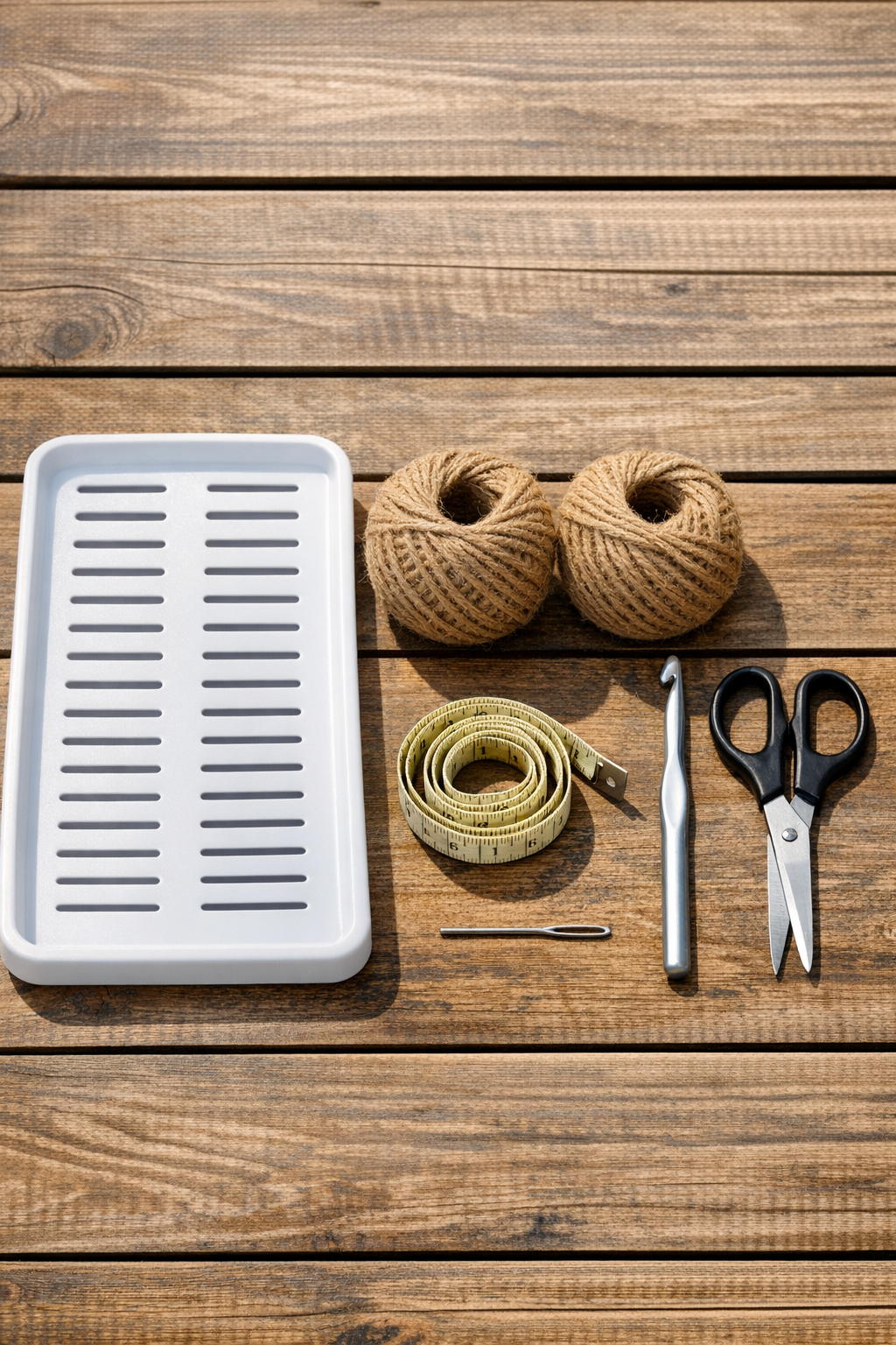 Materials for making a crocheted jute book holder with a plastic dish drainer