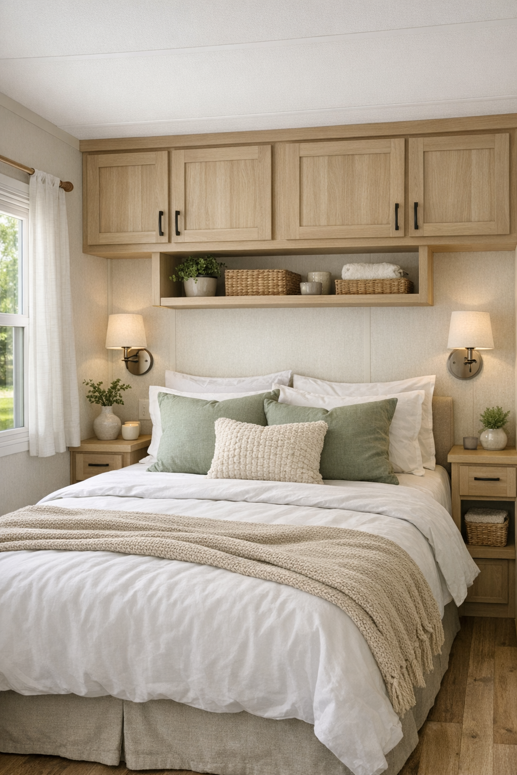 Serene bedroom with layered neutral bedding, sage accents, and light wood details