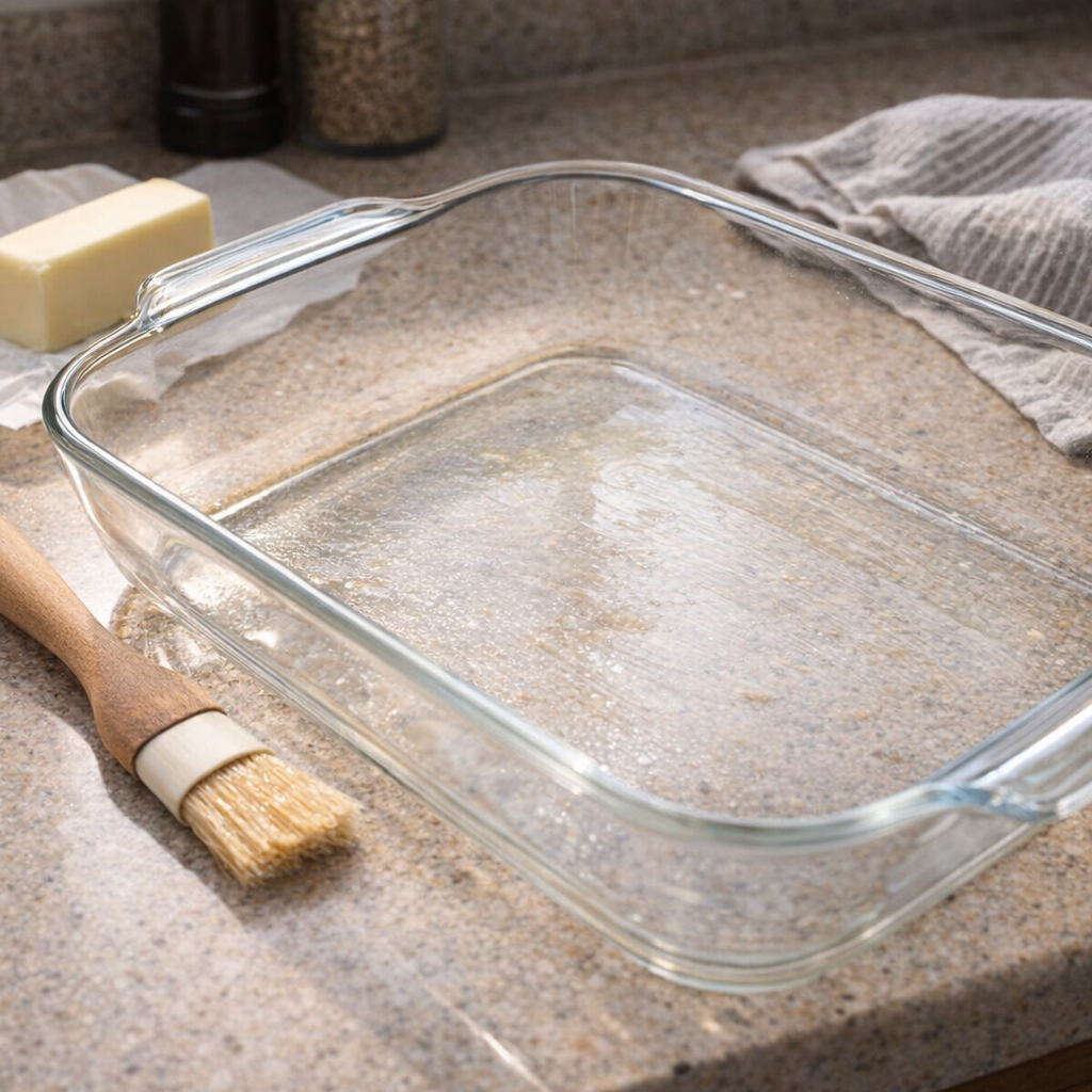 Butter-greased casserole dish on a kitchen counter
