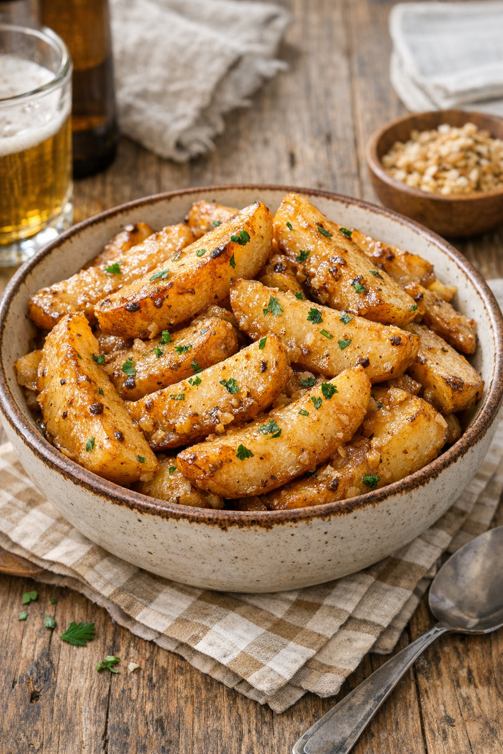 Finished slow cooker beer potatoes plated in a rustic bowl