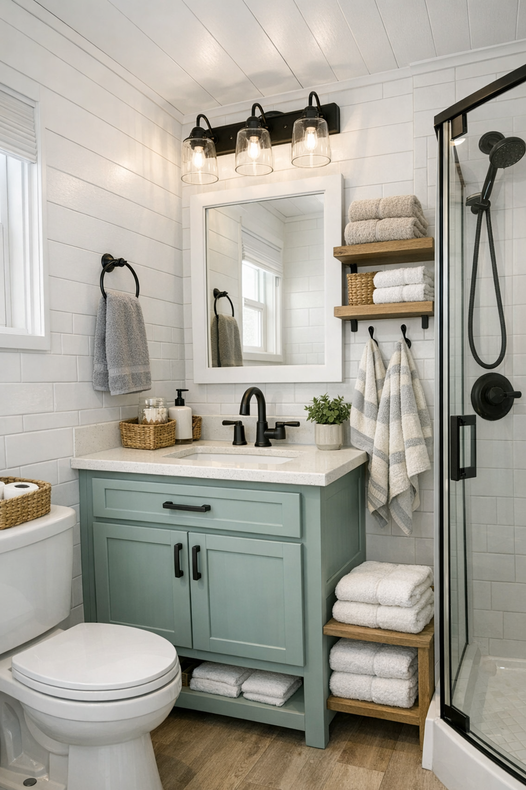 Bright compact bathroom with white tile, a painted vanity, and simple black fixtures