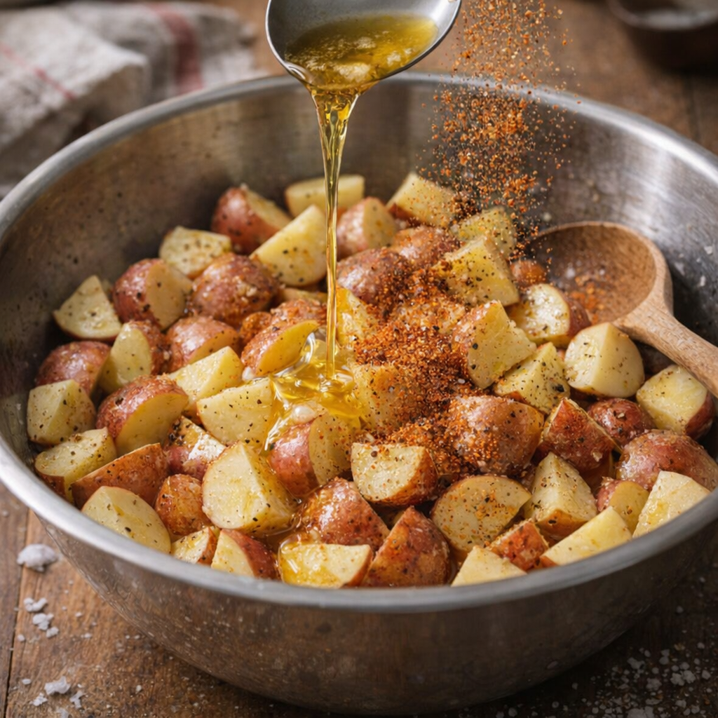 Bowl of potatoes with melted butter and seasoning