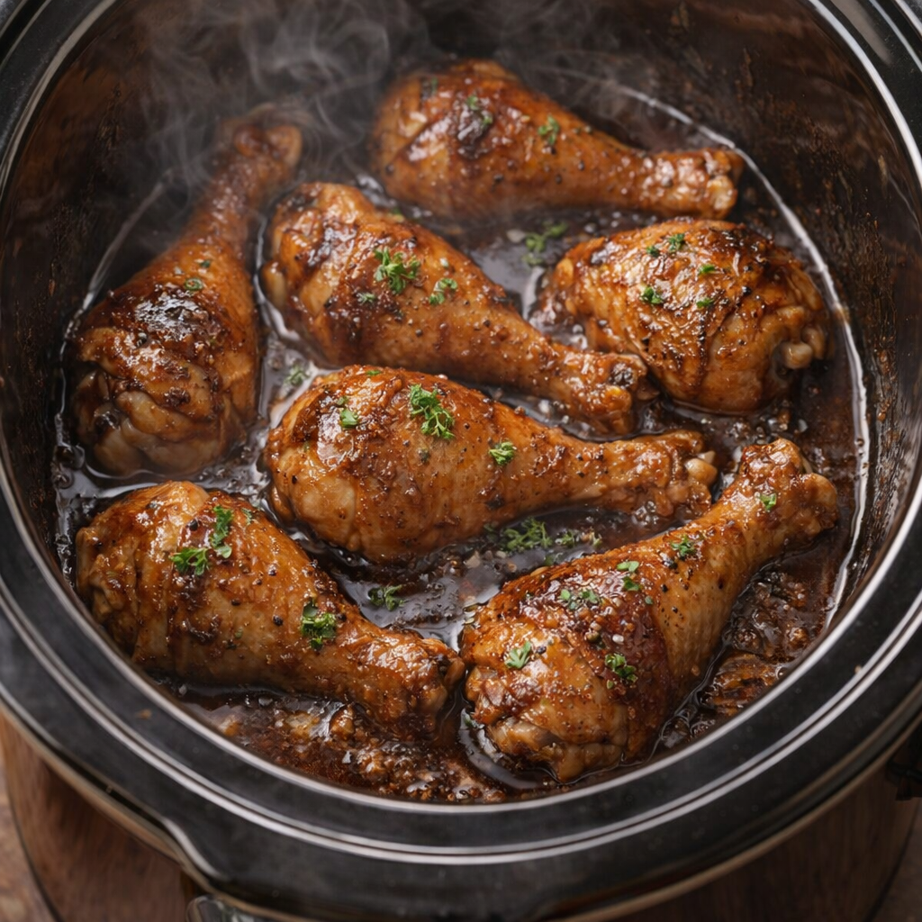Glazed drumsticks cooking inside a slow cooker