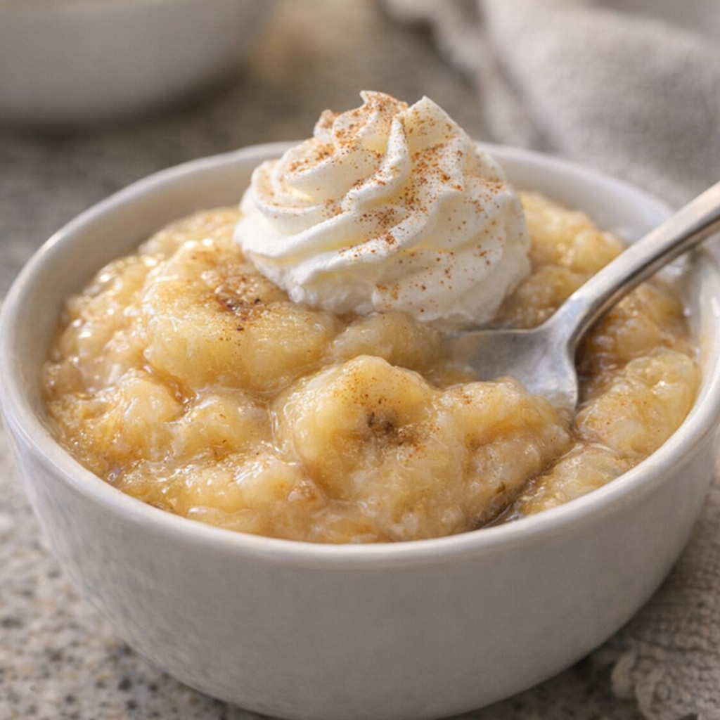 Warm banana pudding served in a small bowl