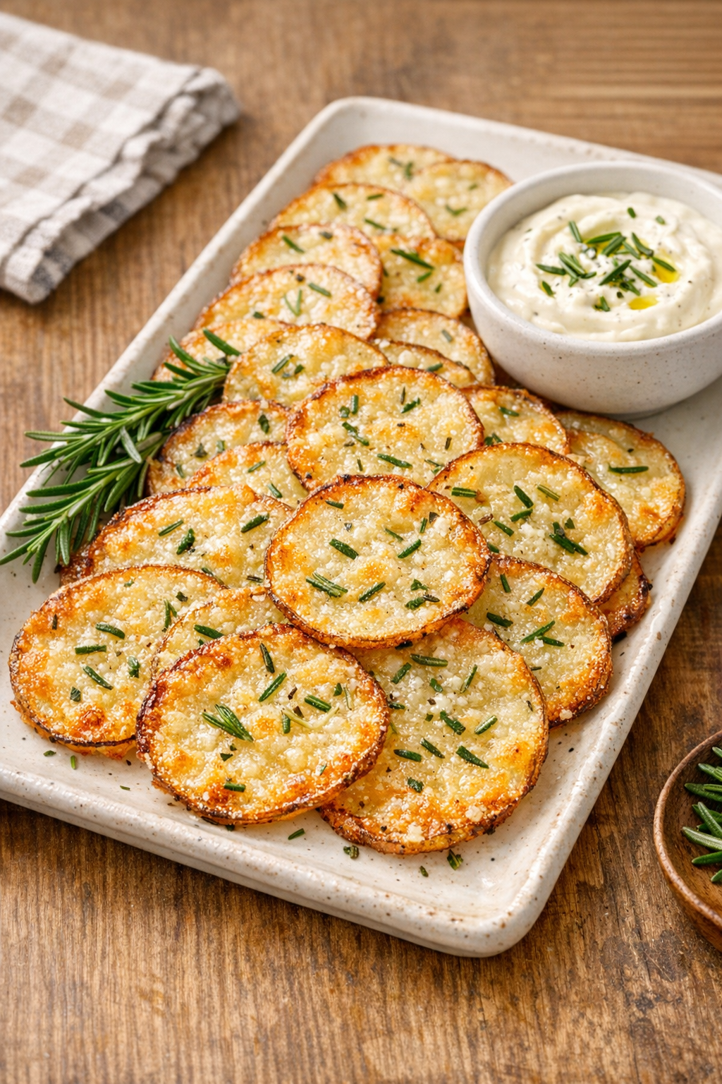 Finished parmesan rosemary potato wafers plated with a simple dip and fresh garnish