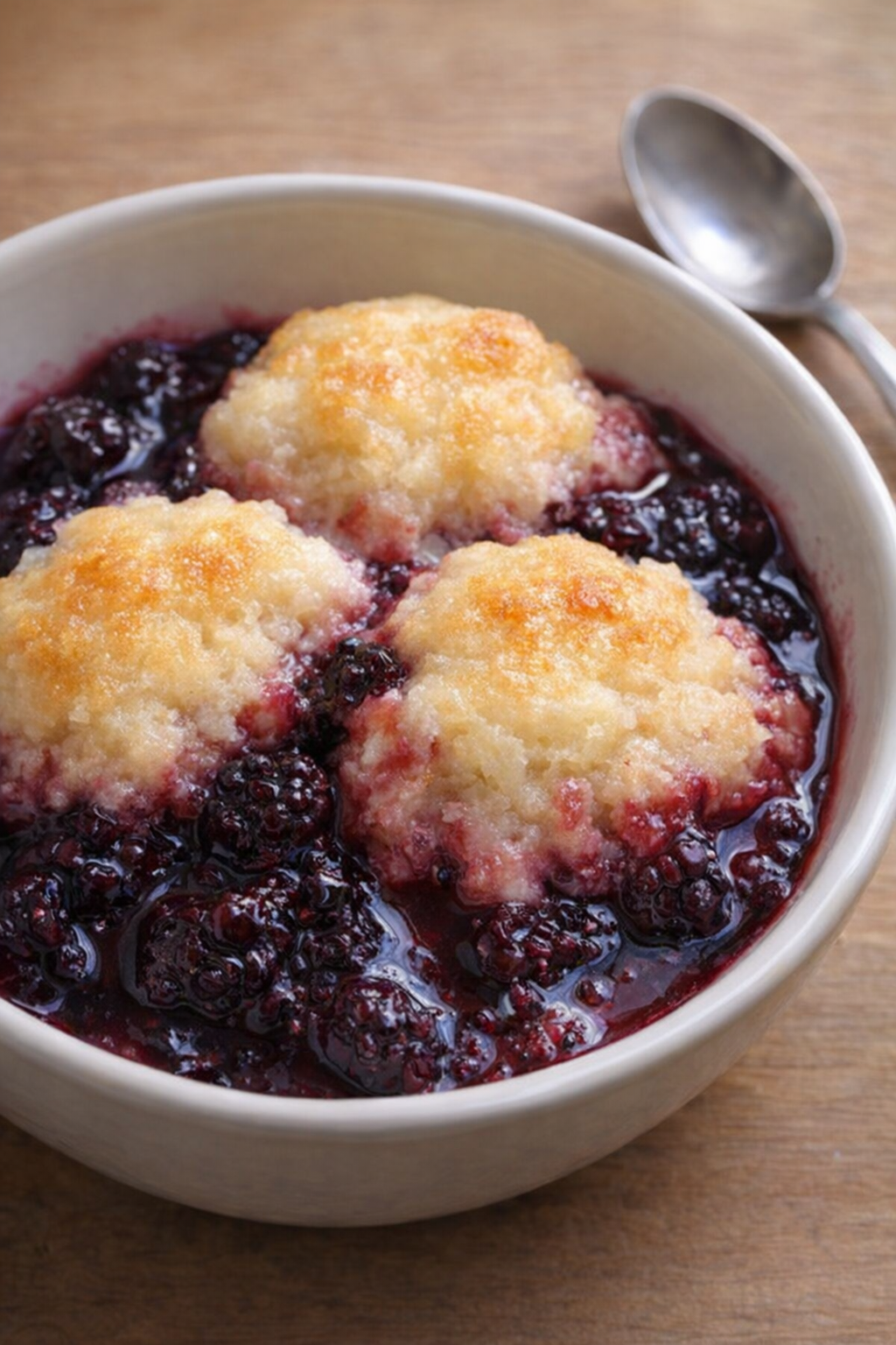Slow cooker blackberry grunt served warm in a bowl