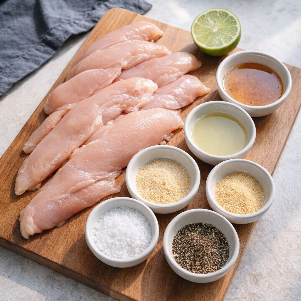 Ingredients for marinated chicken tenderloins on countertop