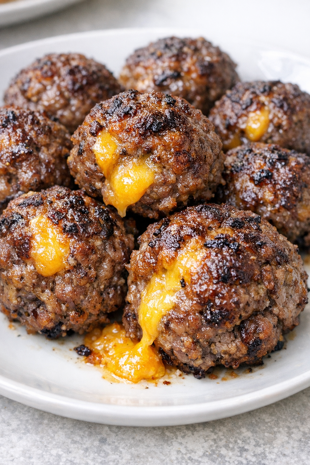 Low carb 3-ingredient beef cheddar bites on a white plate