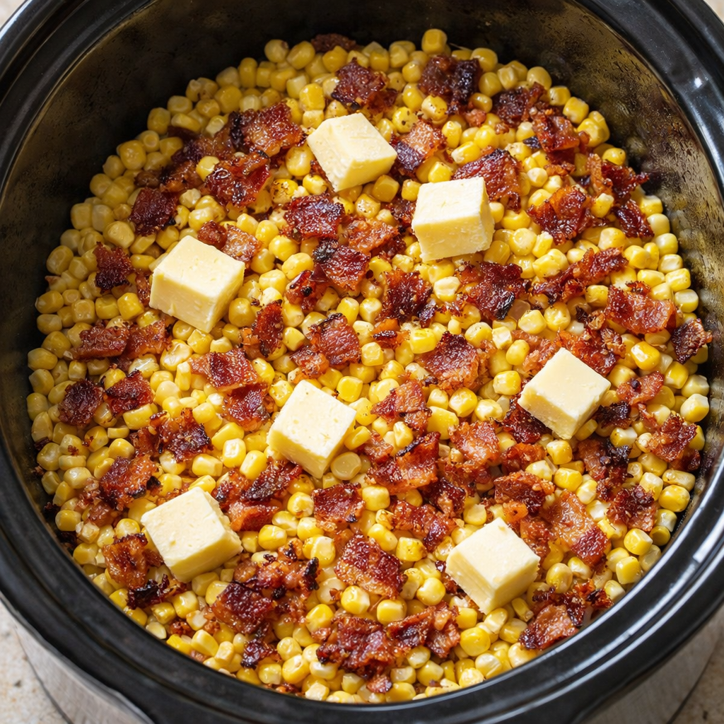 Slow cooker filled with corn, bacon, and butter before cooking
