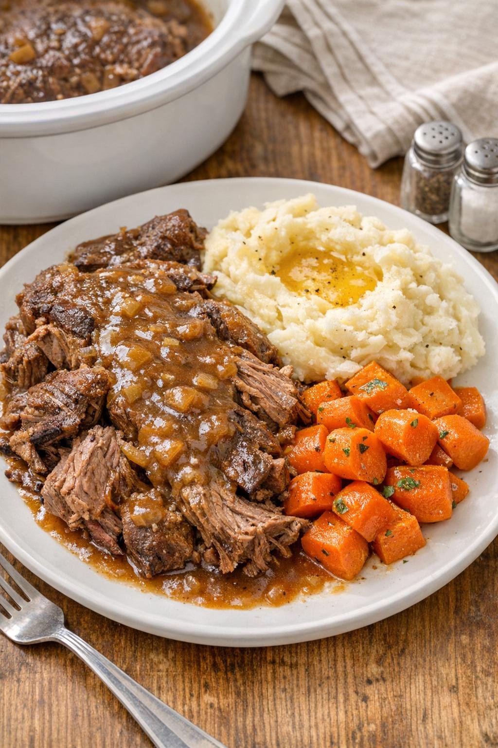 Finished savory chuck roast dinner plated with gravy