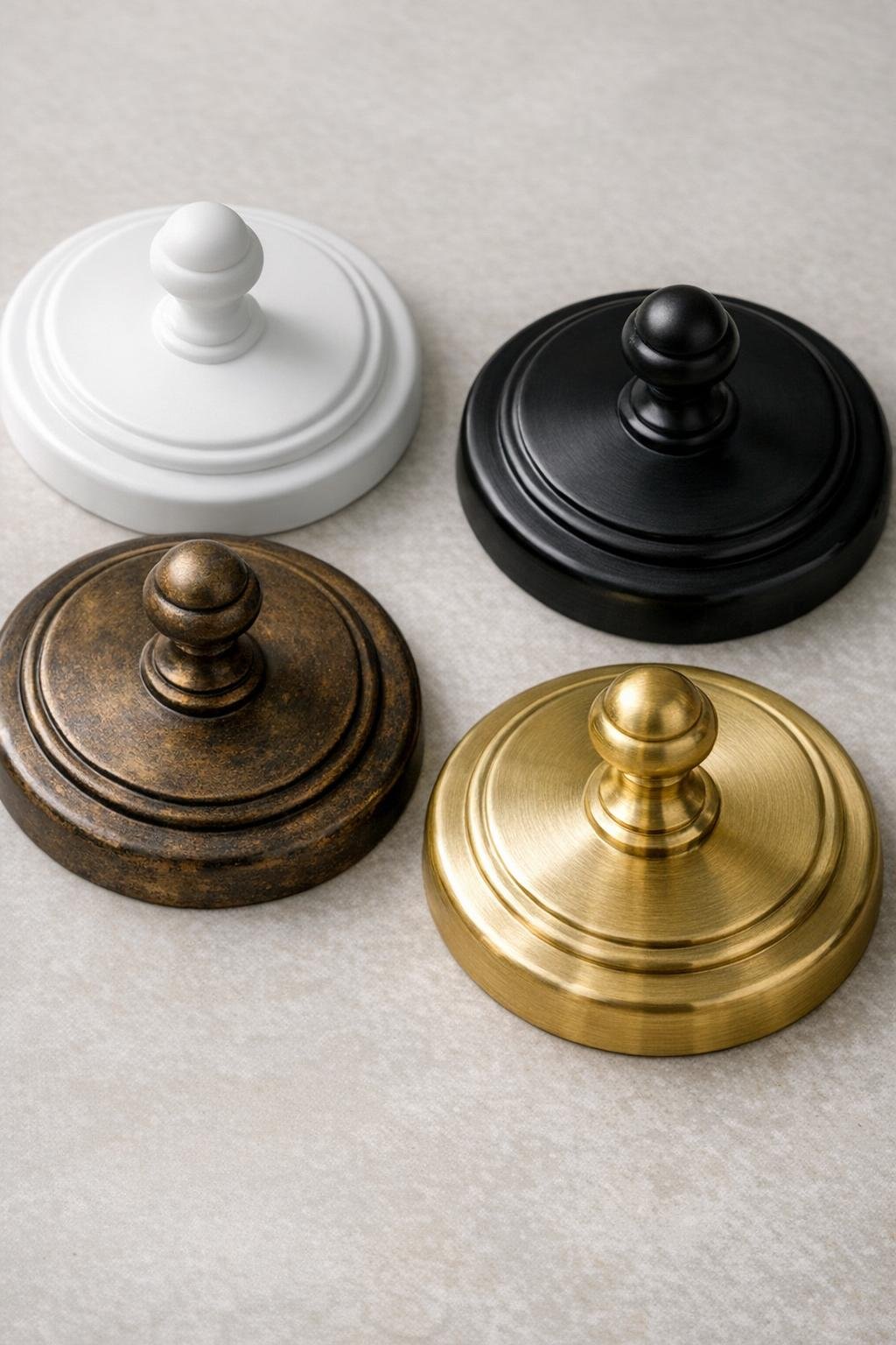 Apothecary jar lids shown in white black and antique metallic finishes