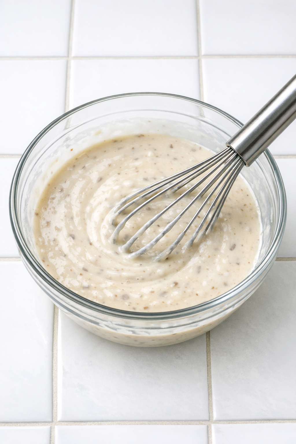 Cream of mushroom soup and milk mixed in a bowl