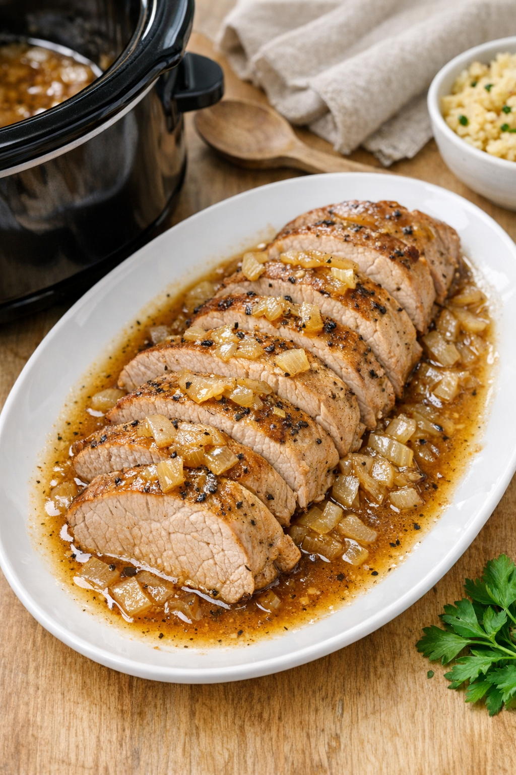 Finished sliced pork tenderloin on a platter with cooking juices