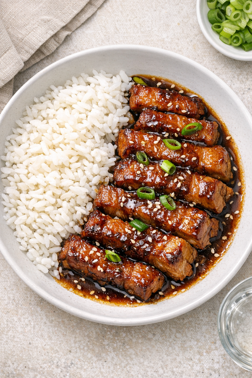 Finished slow cooker pork belly plated with rice