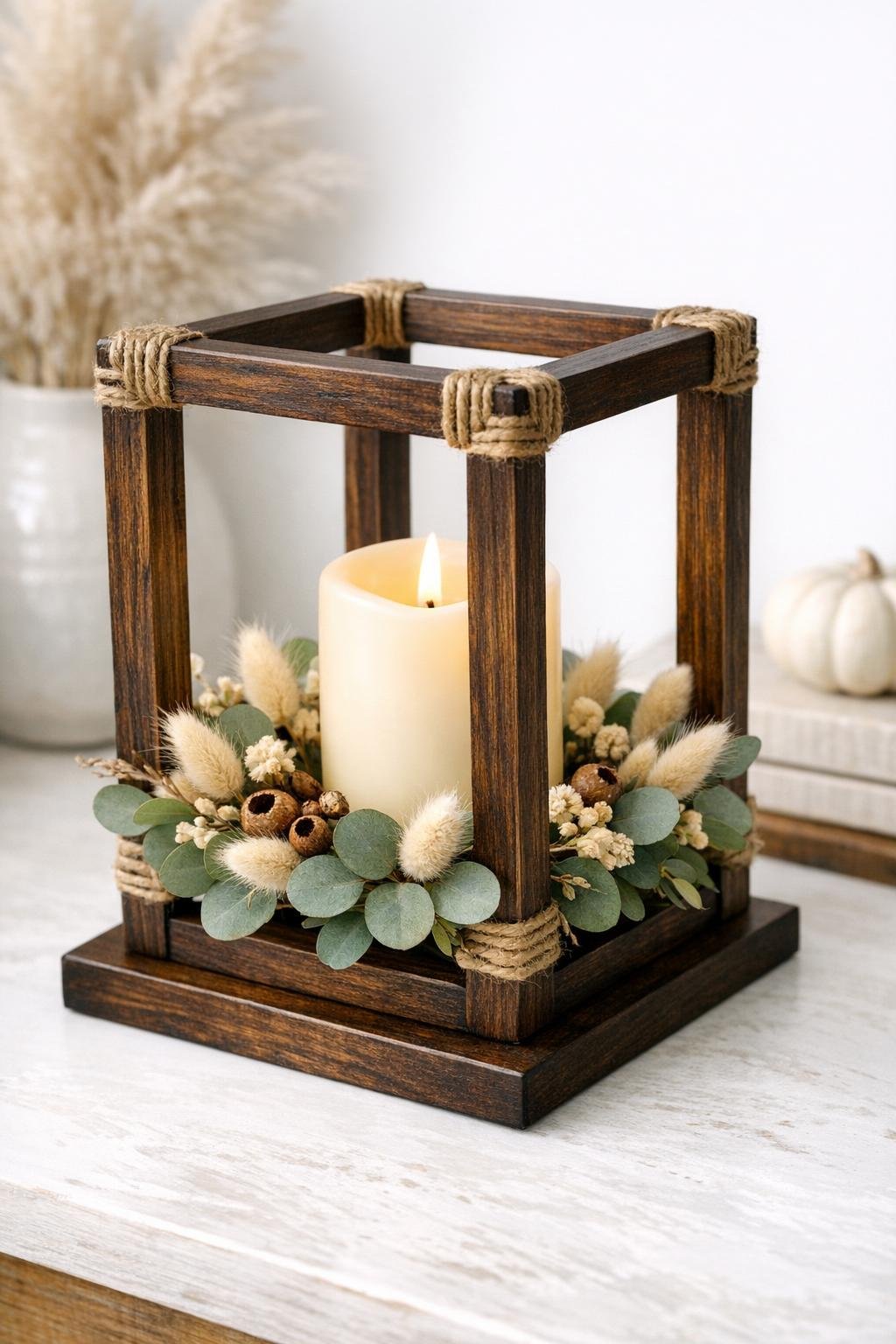 Finished wooden picture frame lantern centerpiece styled with candle and dried natural accents