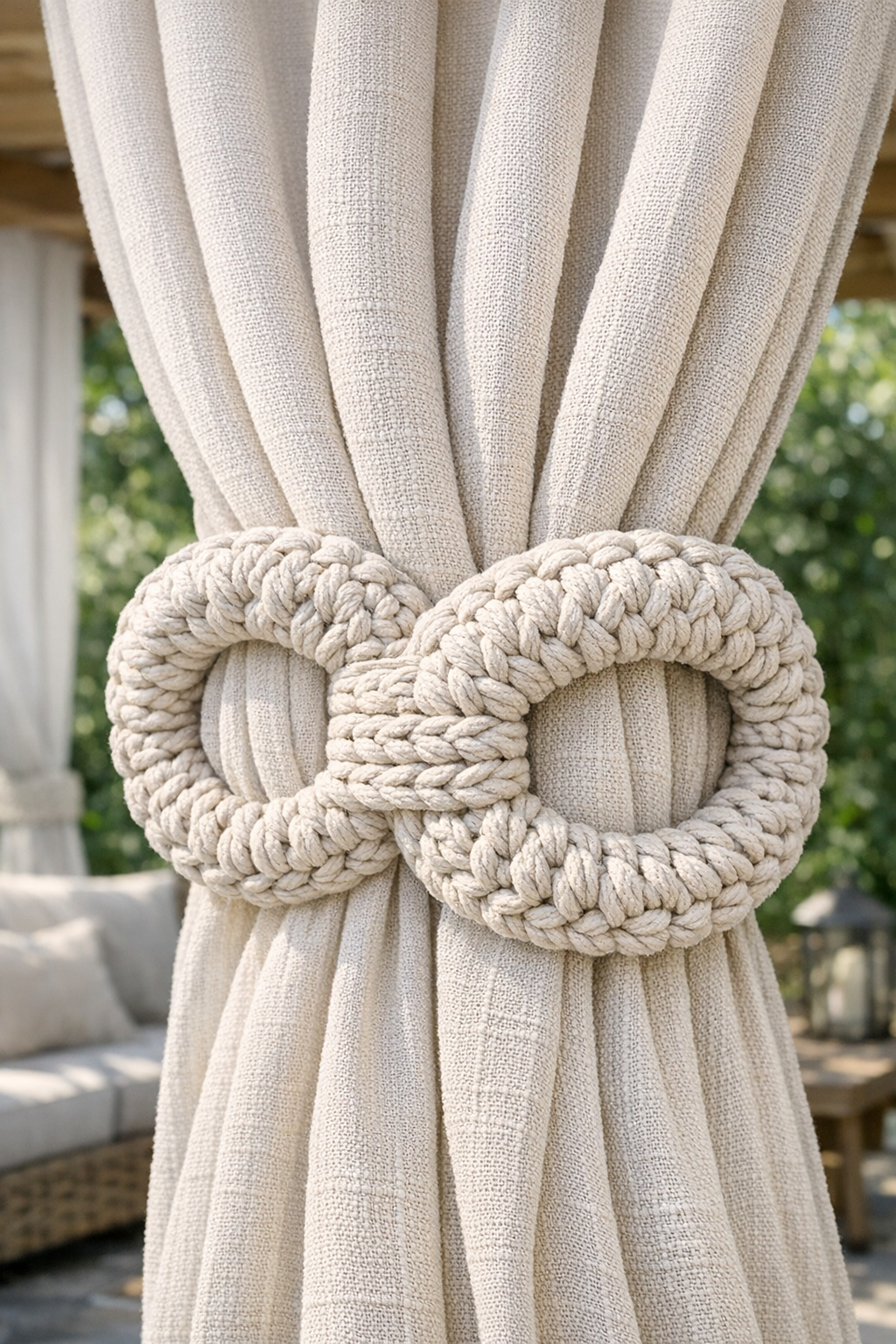 Finished crochet outdoor canopy tie backs on draped outdoor curtains