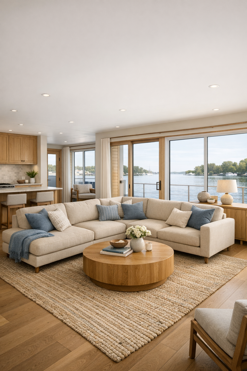 Bright accessible living room with lake views, pale oak finishes, and a soft neutral sectional
