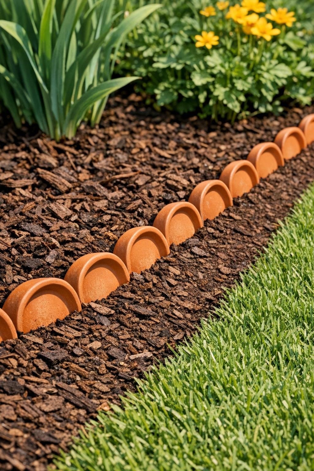 Finished terracotta saucer garden edging set into dark brown mulch