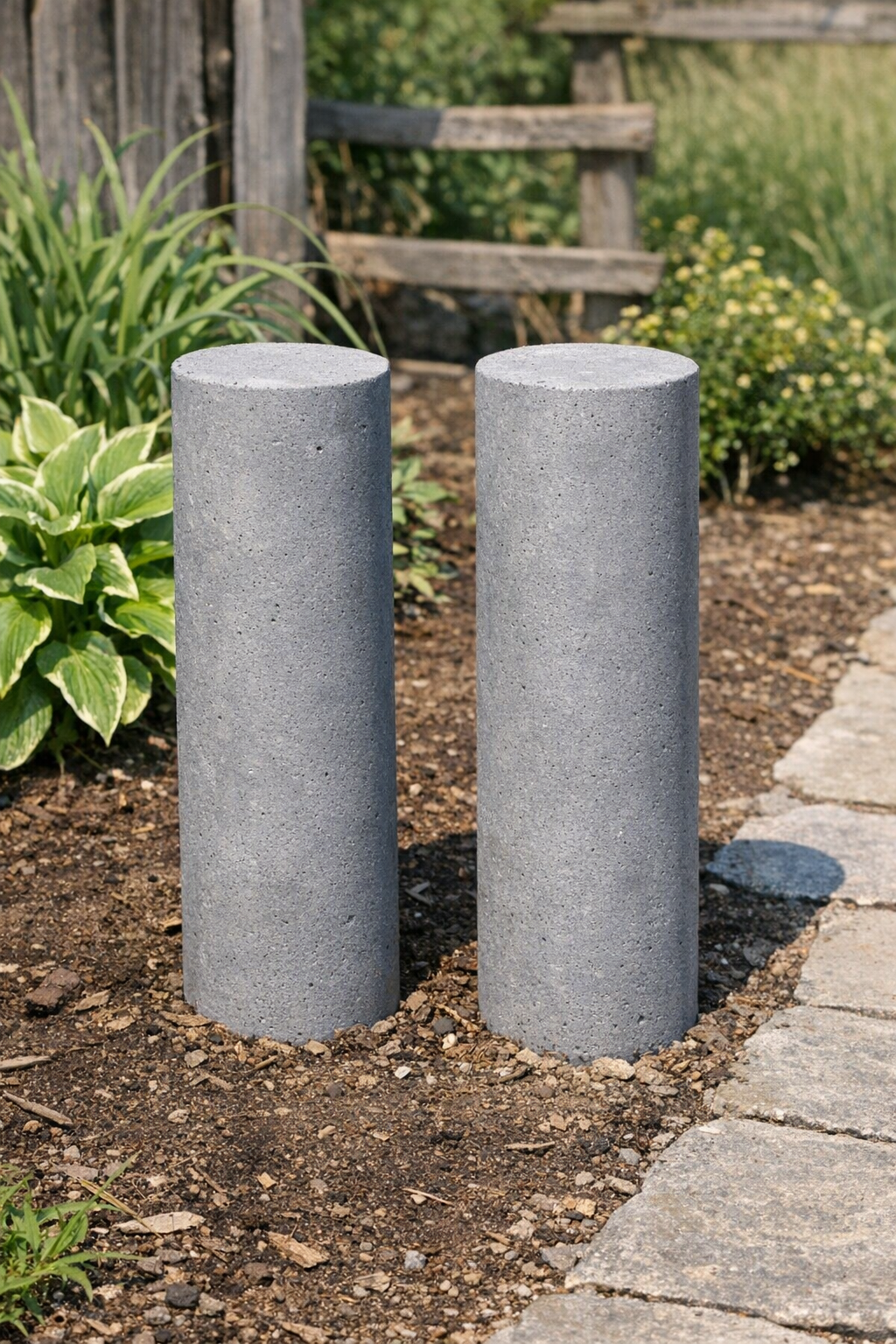 Finished pair of heavy concrete yard posts standing in a garden