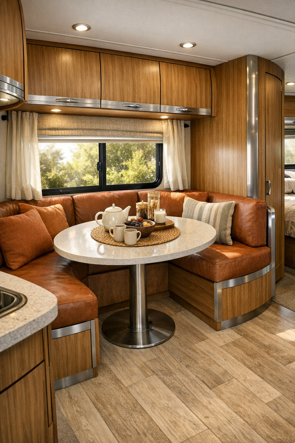 Warm RV camper dining nook with rounded table and terracotta seating