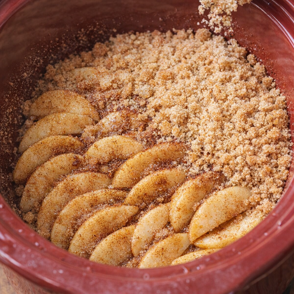 Apple slices layered inside a slow cooker