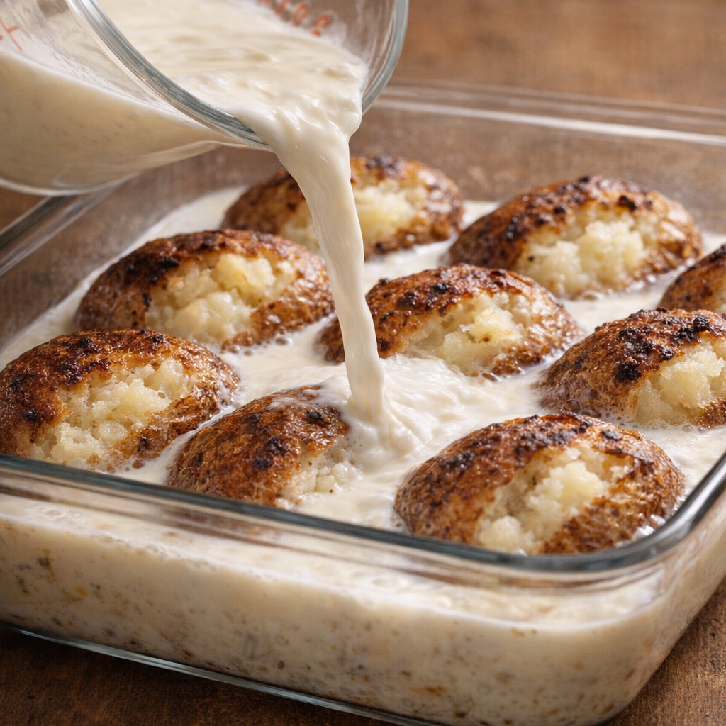 Buttermilk being poured over potatoes in a baking dish